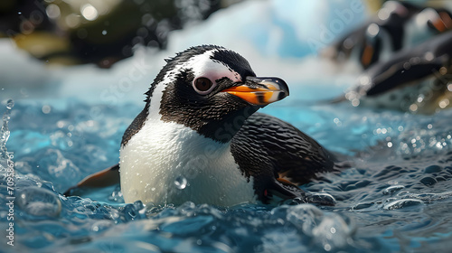 A Cute Little Penguin In The Blue Sea, A Penguin Swimming In Water