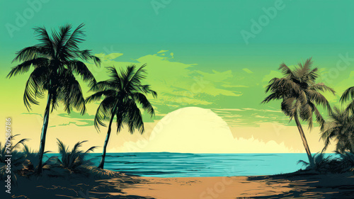 tropical sunset on the background of beach palms and ocean waves, in hand drawn flat illustration style, tropical landscape