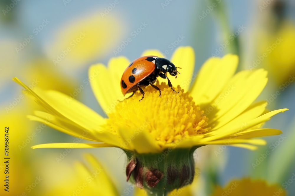 ladybug sits on a blooming yellow flower on a sunny day, spring summer mood background, close-up ladybug sits on a blooming yellow flower on a sunny day, spring summer mood background, close-up