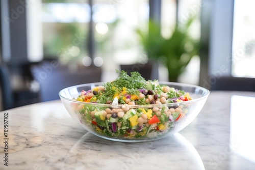 fresh three bean salad in glass bowl with herbs