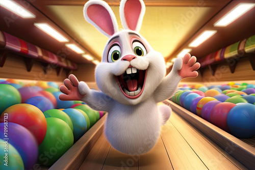 funny easter bunny on a bowling alley with easter eggs