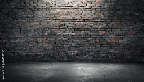 Dark studio room background, interior texture for display products. Brick wall and black cement photo