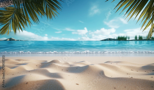 clean white sand on the beach against the backdrop of ocean waves and palm trees, tropical background for vacation