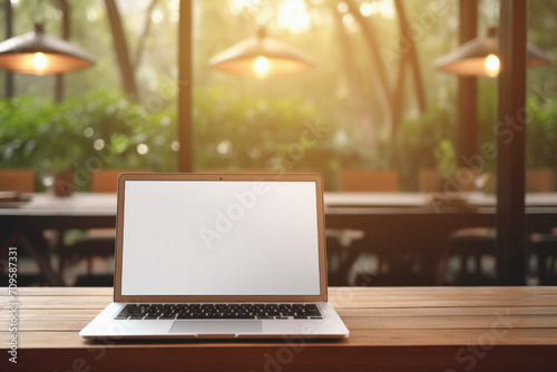 Laptop computer with blank screen on wooden table in coffee shop,