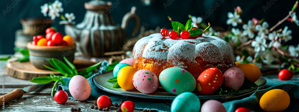 Easter cake and eggs on the table. Selective focus.