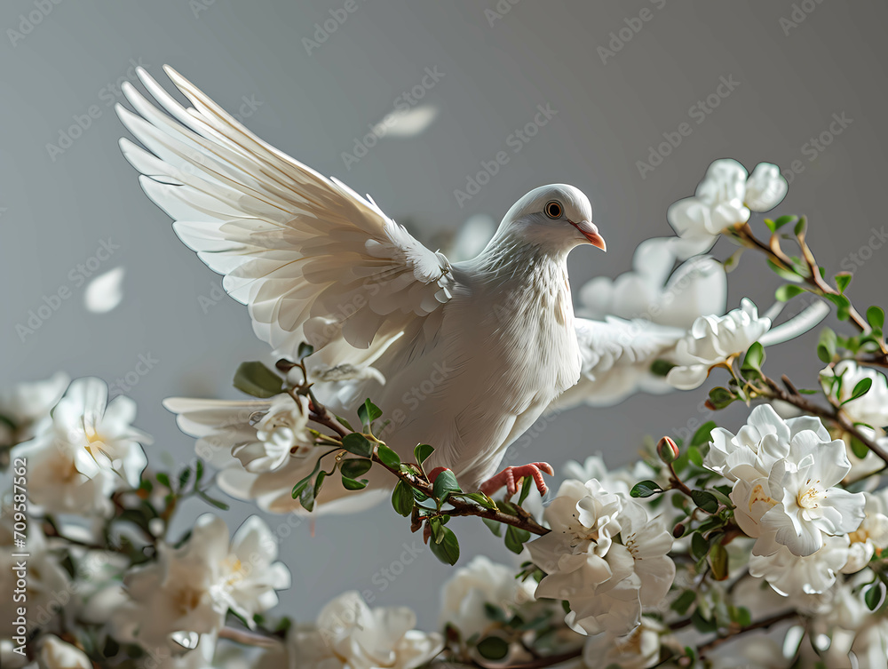White Dove Flying, A White Bird On A Branch With White Flowers White Dove Flying, A White Bird On A Branch With White Flowers