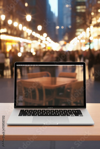 Laptop on wooden table in night city street .
