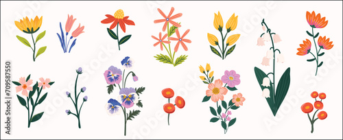 Spring Summer clipart  floral bouquets, vector flowers. Folk Style spring illustration with botanical elements isolated on white background.