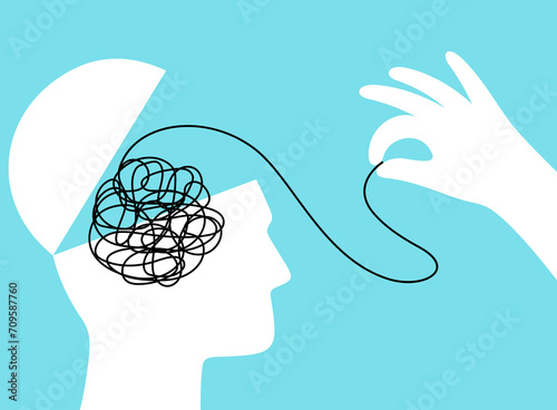 Psychotherapy. Therapist hand unravels tangle of psychological problems in patient head. Mental disorder, anxiety and confusion, stress relief vector concept