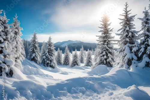 Beautiful landscape with snow covered fir trees and snowdrifts.Merry Christmas and happy New Year greeting background with copy-space.Winter .. © Beauty