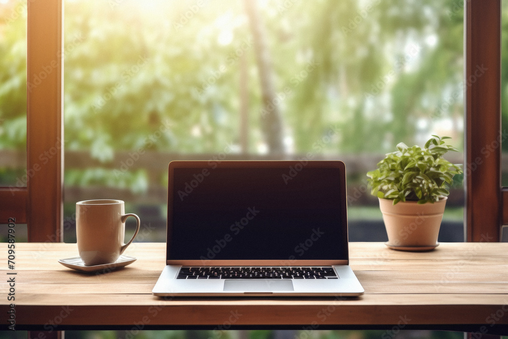 Laptop with blank screen and coffee cup on wooden table in coffee shop Laptop with blank screen and coffee cup on wooden table in coffee shop