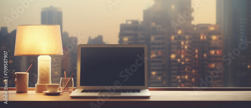 Laptop computer with blank screen on wooden table and blurred cityscape background