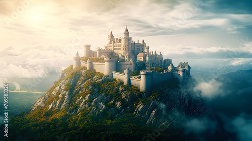 Fantasy landscape scenery with mysterious medieval castle. Postproducted generative AI illustration.