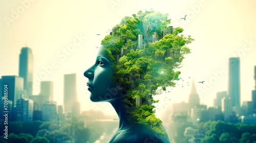 Life in green city and thinking over sustainable environment. Postproducted generative AI illustration. © LeArchitecto