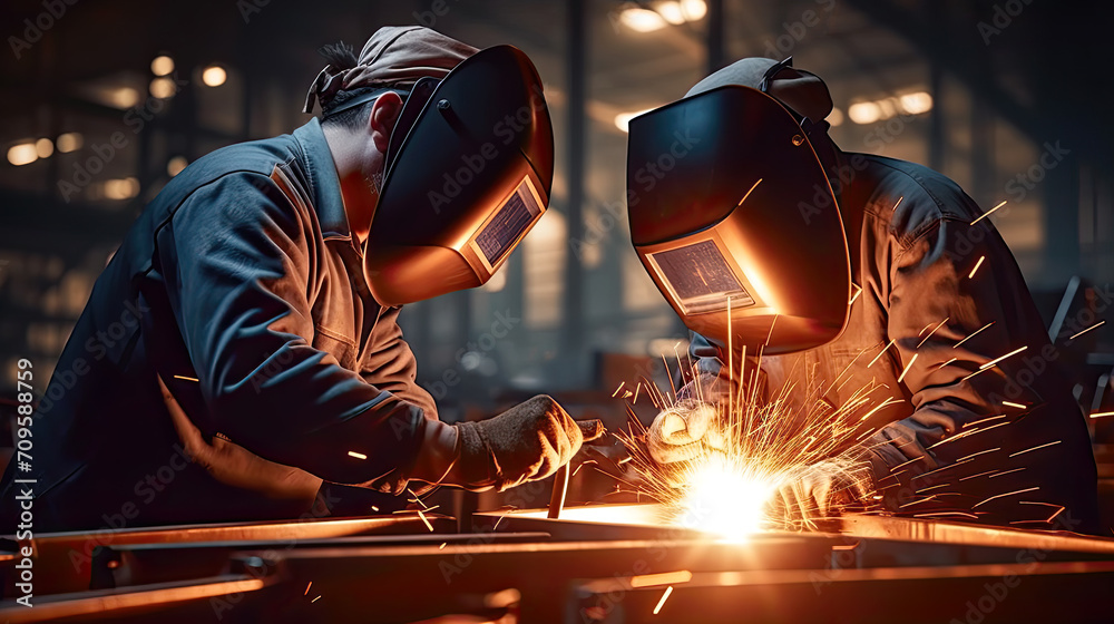Two workers are welding together on workplace in workshop. Postproducted generative AI illustration. Two workers are welding together on workplace in workshop. Postproducted generative AI illustration.