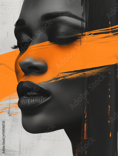 Gorgeous African woman face, abstract artistic style, close up view. Beauty, cosmetics and make-up concept photo