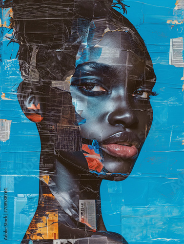 Gorgeous African woman face, abstract artistic wallpaper style, close up view. Beauty, cosmetics and make-up concept photo