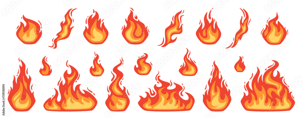 Cartoon fire. Flame of infernal fireballs, red and yellow campfire, hot wildfire and bonfire, burn power. Hellfire, burning icons isolated vector set - obrazy, fototapety, plakaty 