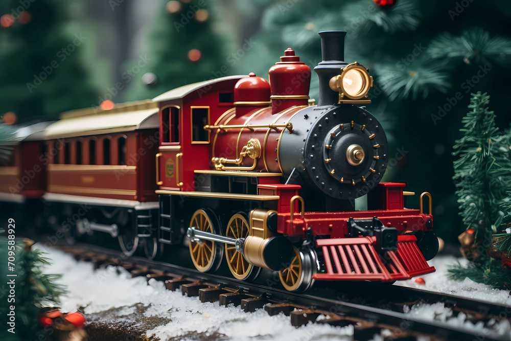A Photo Of A Christmas Train Riding, A Toy Train On A Train Track