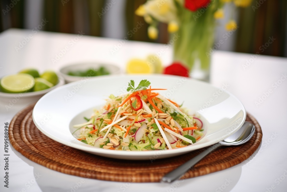 asian slaw with toasted almond slivers, elegant plating asian slaw with toasted almond slivers, elegant plating