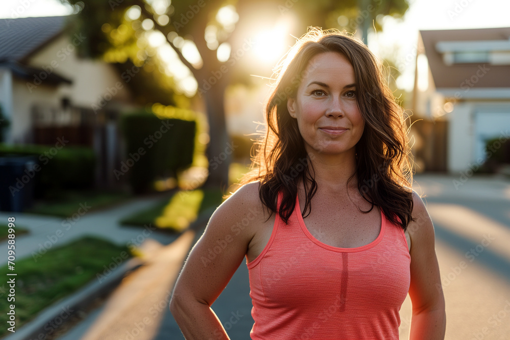 Confident Woman Ready for Workout in Suburban Setting