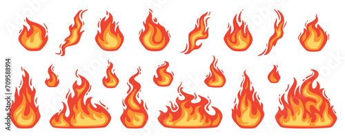 Cartoon fire. Flame of infernal fireballs, red and yellow campfire, hot wildfire and bonfire, burn power. Hellfire, burning icons isolated vector set photo