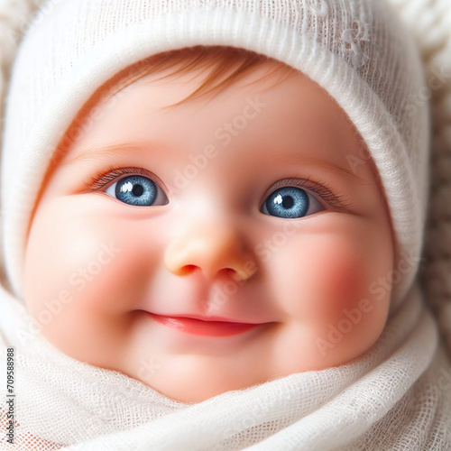 Cute little baby boy in white knitted hat with big blue eyes
