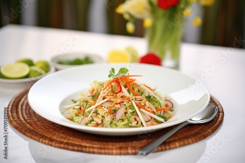 asian slaw with toasted almond slivers, elegant plating