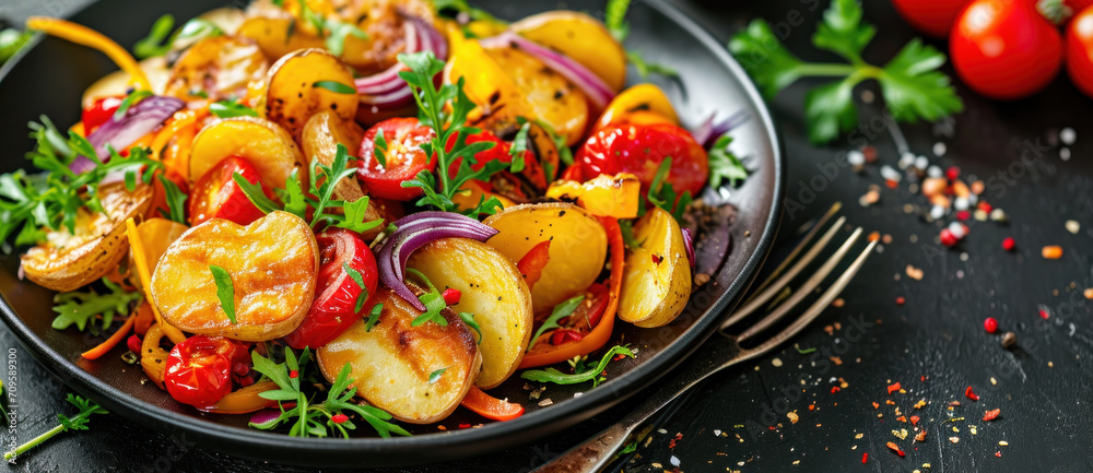 A vibrant dish of roasted potatoes and cherry tomatoes, seasoned with fresh herbs and spices