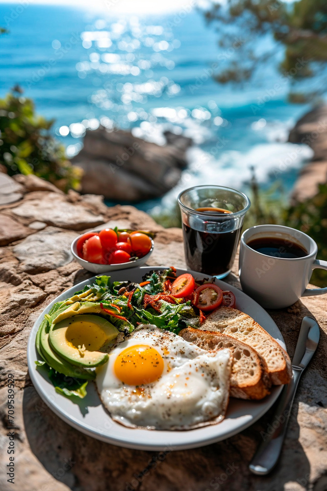 Breakfast avocado eggs and coffee by the sea. Selective focus. Breakfast avocado eggs and coffee by the sea. Selective focus.