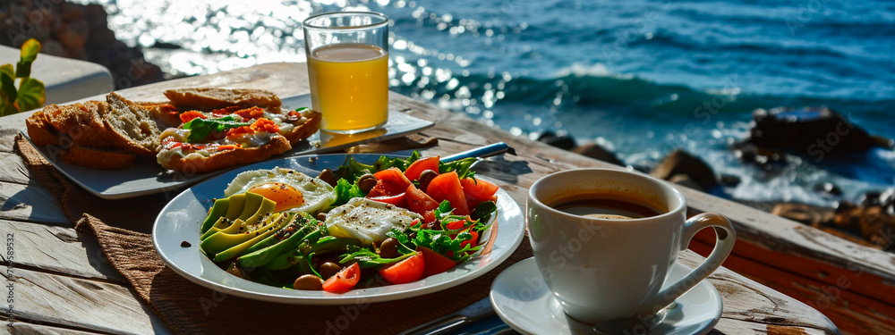Breakfast avocado eggs and coffee by the sea. Selective focus. Breakfast avocado eggs and coffee by the sea. Selective focus.