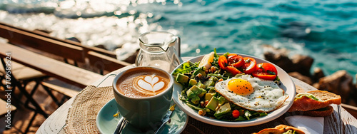 Breakfast avocado eggs and coffee by the sea. Selective focus.