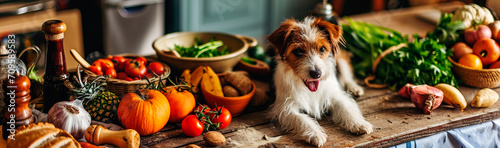 Dog food eats vegetables. Selective focus. photo