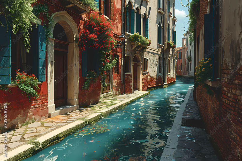 Amazing Venice, A Canal Between Buildings With Plants