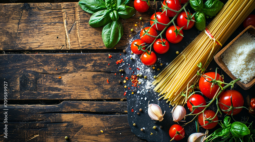 pasta tomatoes basil ingredients. Selective focus. pasta tomatoes basil ingredients. Selective focus.