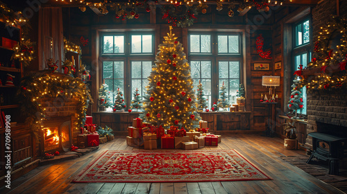 Generative AI. A cozy room adorned with Christmas trees, a fireplace, and gifts creates a festive atmosphere photo