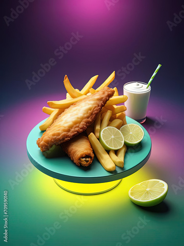Retro Futurism: Crispy Fish and Chips with Tartar Sauce on Gradient Background Gen AI photo