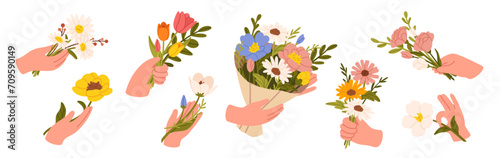 Hands holding flower bouquet. Male arm with blooming spring garden flowers and summer wildflowers, tulips and daisies, cornflowers and roses. Romantic vector elements