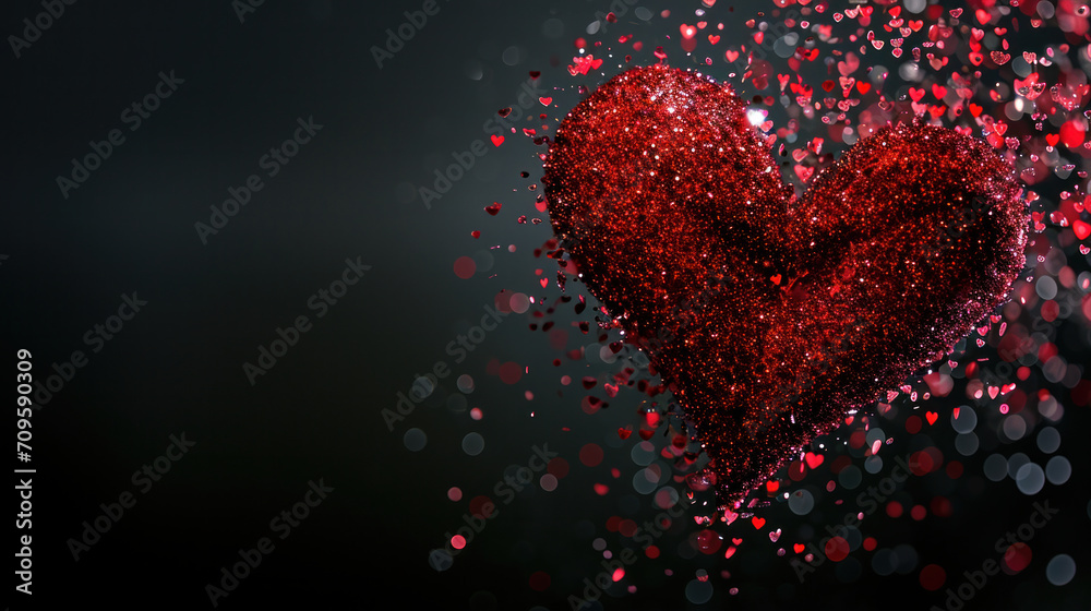 A shimmering red heart disperses into a constellation of tiny hearts against a dark, mysterious backdrop