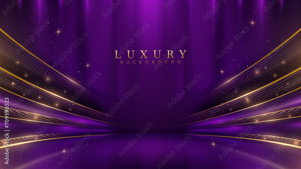 Purple stage scene with vibrant violet neon light effects, Golden curves and bokeh. Luxury modern background. Vector illustration.