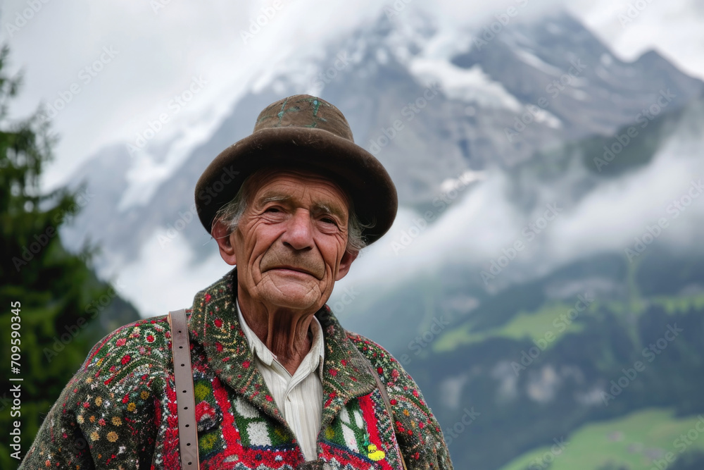 Captivating Sight Of Elderly Swiss Man Adorned In Traditional Attire, Embraced By Breathtaking Alpine Landscape