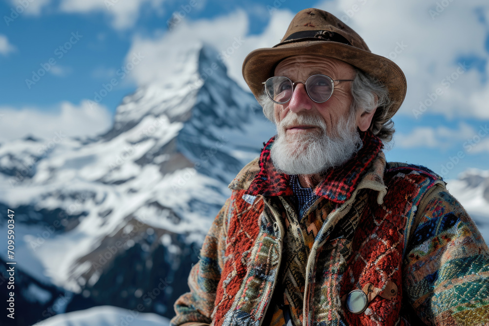 Fototapeta premium Elderly Swiss Man In Alpine Attire Poses Against Picturesque Mountainous Backdrop