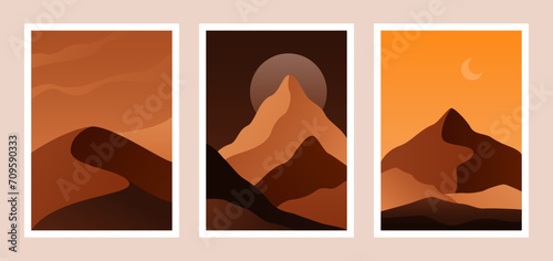Desert landscapes set. Wild nature posters with mountains rocks and sand dunes, African savanna silhouettes. Vector contemporary set