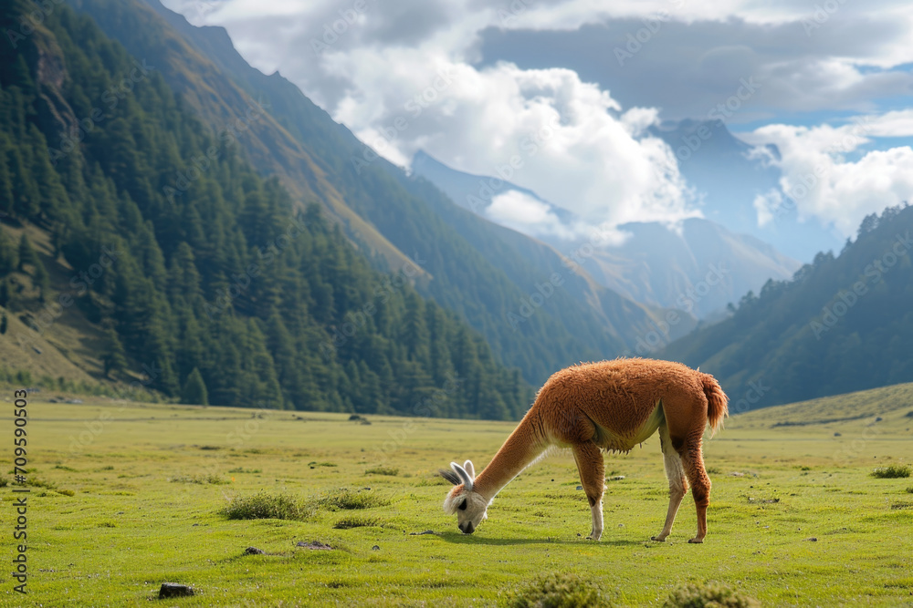 Joyful Alpaca Serenely Feeding In A Vast Meadow