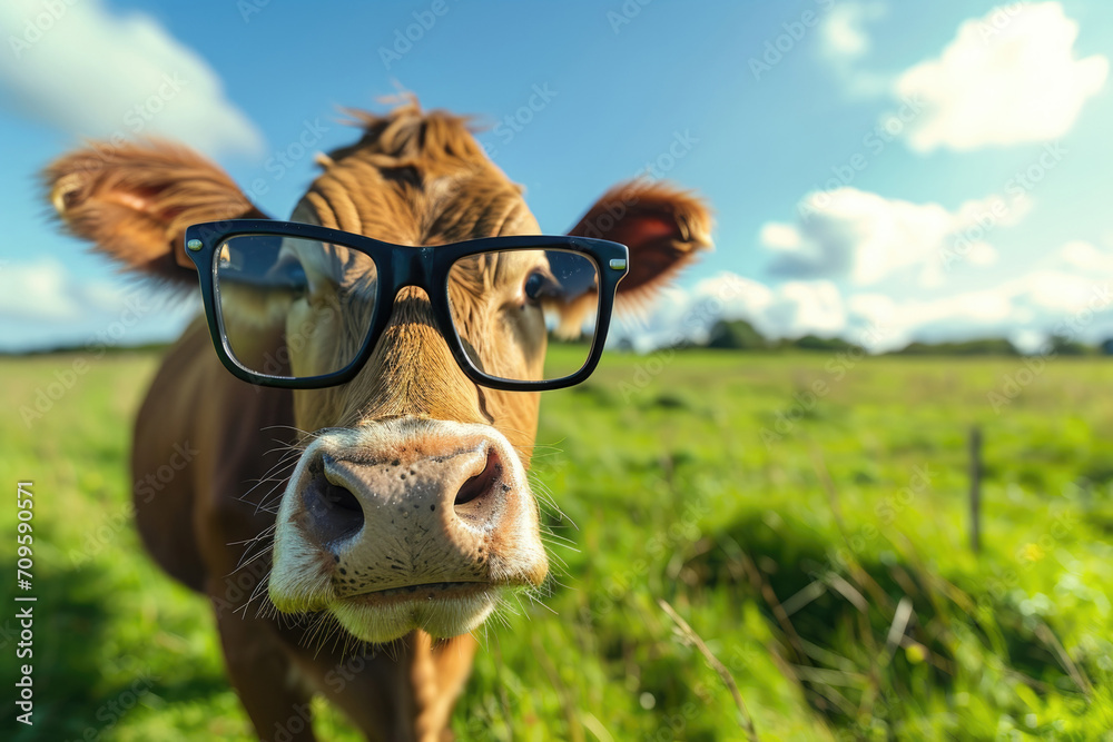 Joyful Bovine Wearing Spectacles, Serenely Feeding In A Vast Field