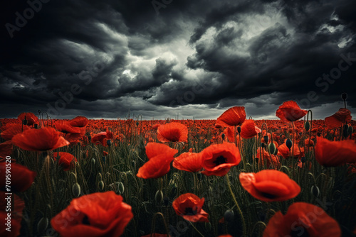 A vivid field of poppies stands in stark contrast beneath a tumultuous sky, evoking the solemnity of ANZAC Day