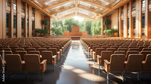 Wooden auditorium with expansive windows and lush plants. Sunlit, elegant interior. Generative AI