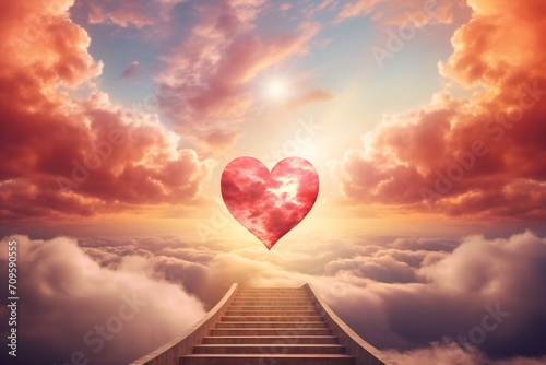 
Stairway to Heaven.Stairs in sky. Concept with sun and clouds. Religion background. Red heart shaped sky at sunset. Love background with copy space. Generative AI