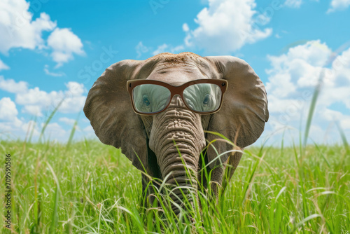 Happy Elephant With Glasses Grazing In Meadow, Wide Angle