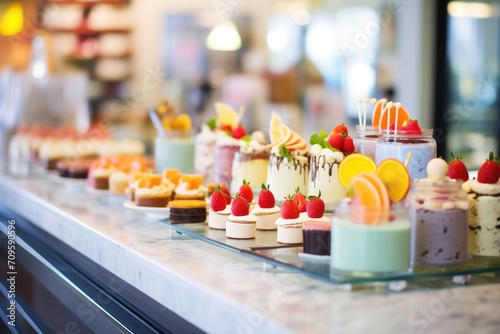 rows of gourmet desserts on chilled display counter © primopiano